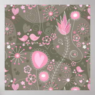 Whimsical Pink and Grey Hearts, Birds and Flowers  Poster