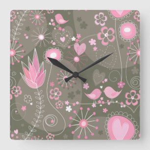 Whimsical Pink and Grey Hearts, Birds and Flowers  Square Wall Clock
