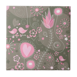 Whimsical Pink and Grey Hearts, Birds and Flowers  Tile