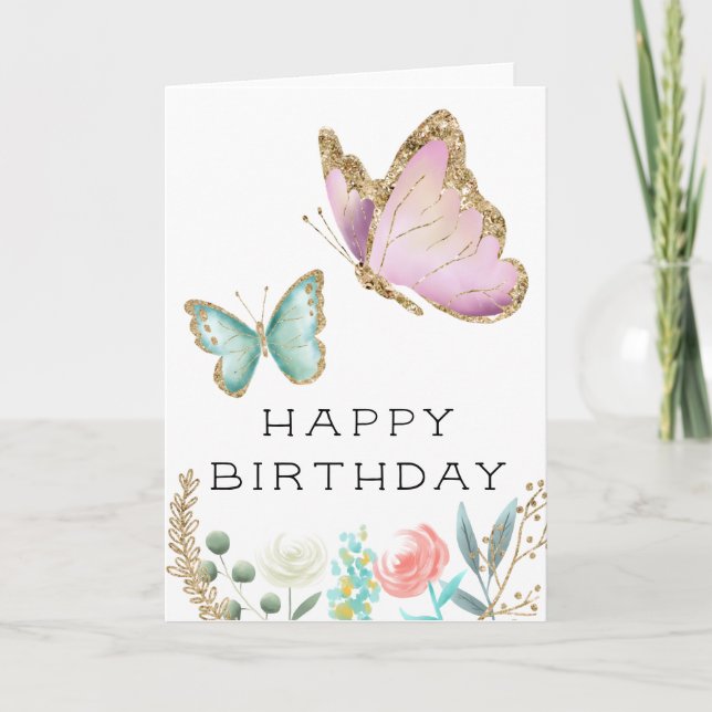Whimsical Pink and Mint Butterfly Birthday Card (Front)