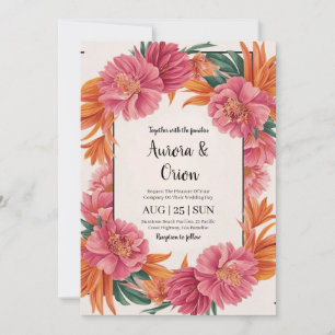 whimsical pink and orange floral wedding invitation