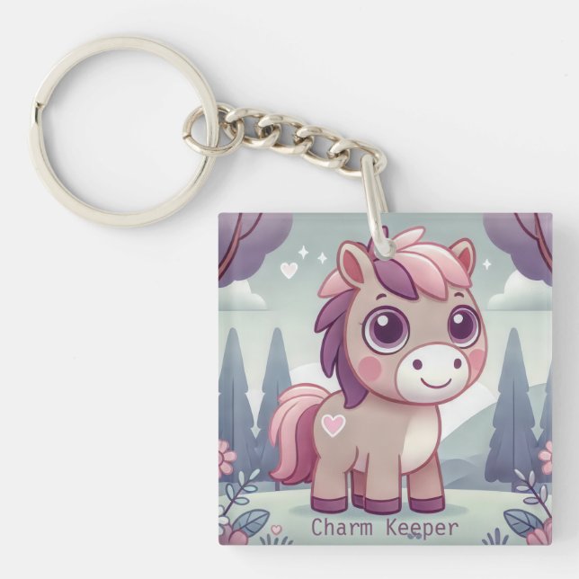 Whimsical Pink and Purple Pony Charm Keeper Key Ring (Front)