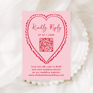 Whimsical Pink and Red Heart QR Code Wedding RSVP Card