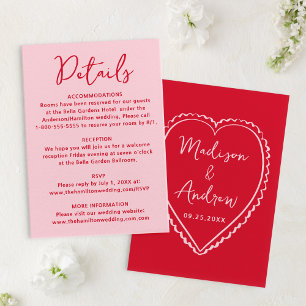 Whimsical Pink and Red Heart Wedding Details Enclosure Card