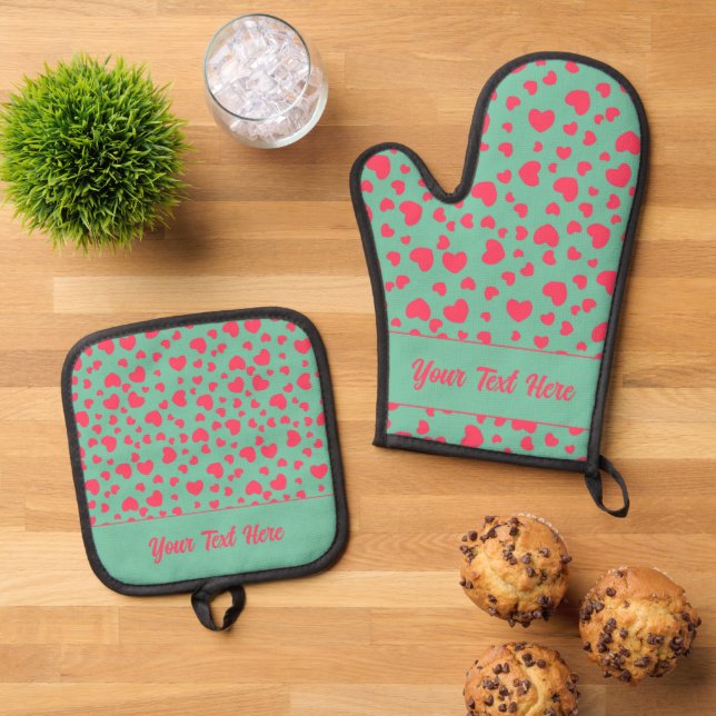 Whimsical Pink and Teal Hearts Pattern Oven Mitt & Pot Holder Set (Top Down)