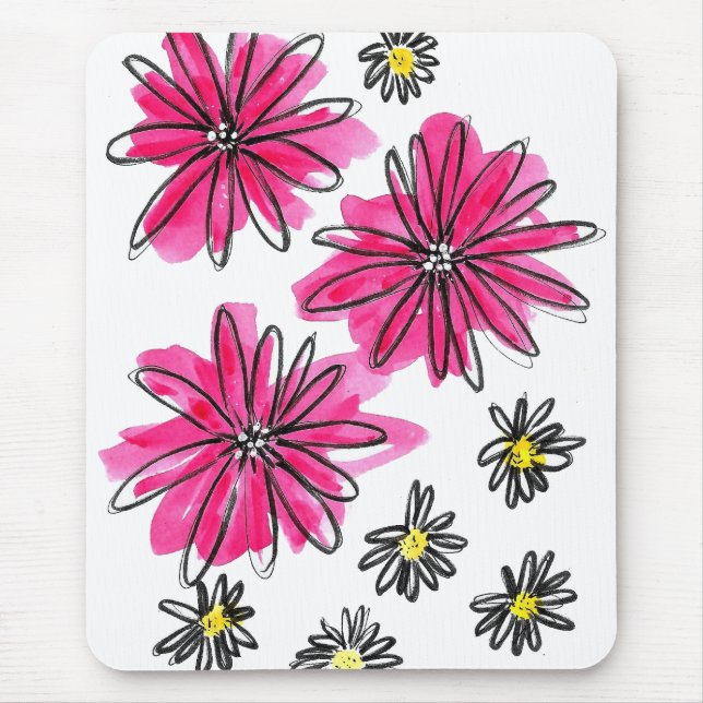 Whimsical Pink and White Flowers Mouse Pad (Front)