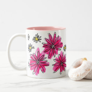 Whimsical Pink and White Flowers Two-Tone Coffee Mug