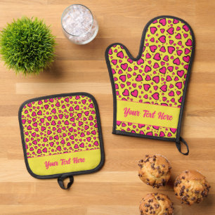 Whimsical Pink and Yellow Hearts Pattern Oven Mitt & Pot Holder Set