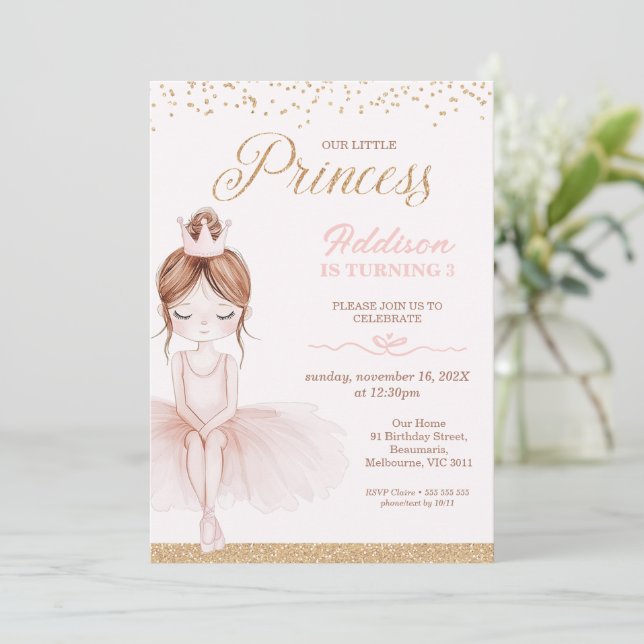 Whimsical Pink Ballerina Little Princess Birthday Invitation (Standing Front)