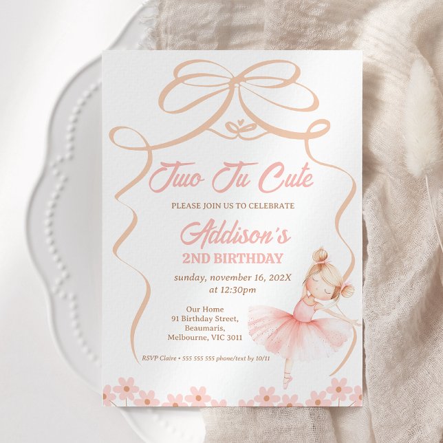 Whimsical Pink Ballerina Two Tu Cute 2nd Birthday Invitation (Ballerina Tutu Birthday Invitation Ribbon, Light Hair, Daisies, Two Tu Cute 2nd Birthday Invitation)