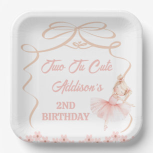 Whimsical Pink Ballerina Two Tu Cute 2nd Birthday Paper Plate