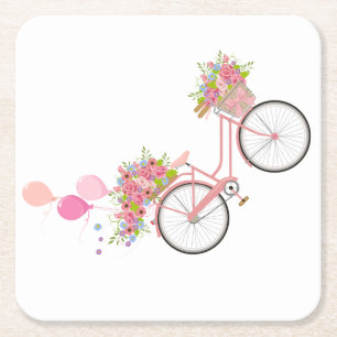Whimsical Pink Bicycle Square Paper Coaster