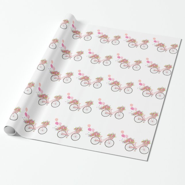 Whimsical Pink Bicycle Wrapping Paper (Unrolled)