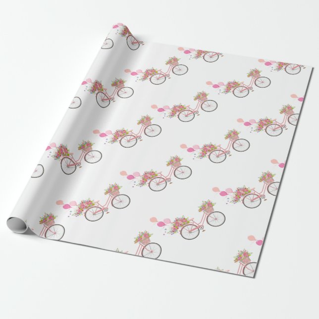 Whimsical Pink Bicycle Wrapping Paper (Unrolled)