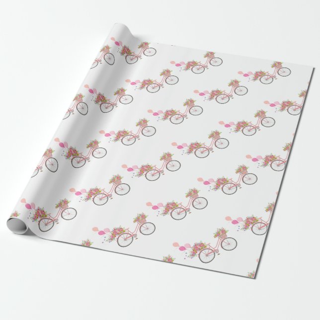 Whimsical Pink Bicycle Wrapping Paper (Unrolled)