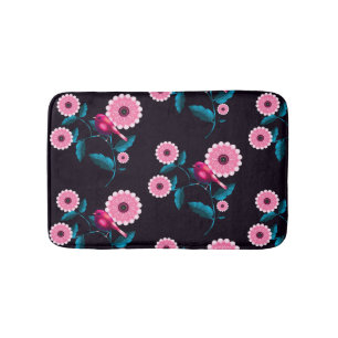 Whimsical Pink Bird Floral Botanical Design Bath Mat