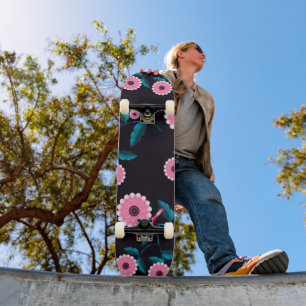 Whimsical Pink Bird Floral Botanical Design Skateboard