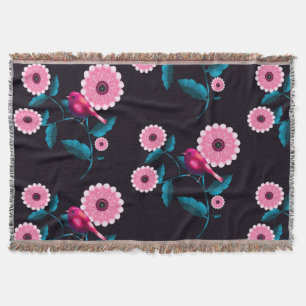 Whimsical Pink Bird Floral Botanical Design Throw Blanket