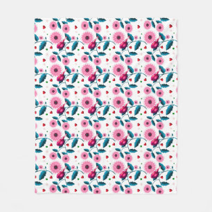 Whimsical Pink Bird Floral Botanical Design Throw Fleece Blanket