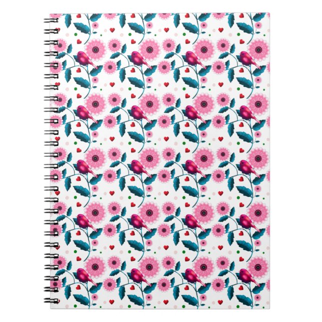 Whimsical Pink Bird Floral Botanical Design Throw Notebook (Front)