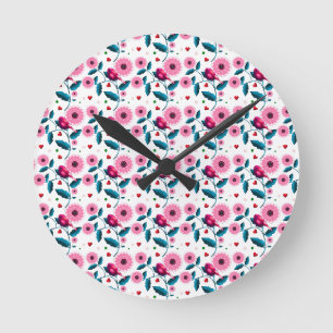 Whimsical Pink Bird Floral Botanical Design Throw Round Clock