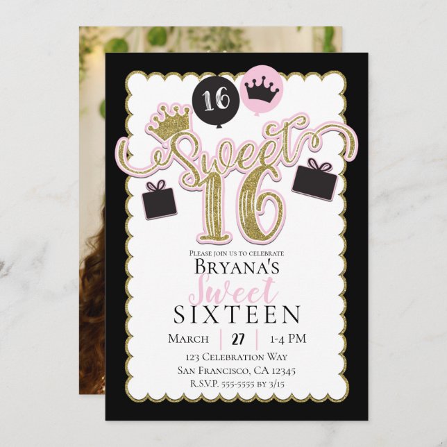 Whimsical Pink Black Sweet 16 Photo Birthday Party Invitation (Front/Back)