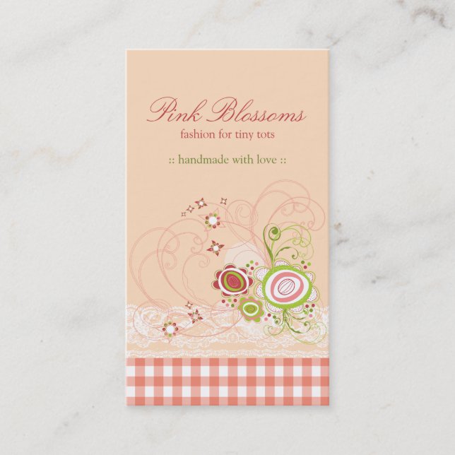Whimsical Pink Blossoms Checks & Lace Profile Card (Front)