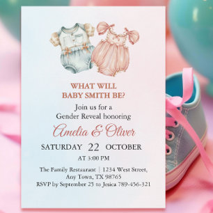Whimsical Pink Blue Baby Outfit Gender Reveal Invitation