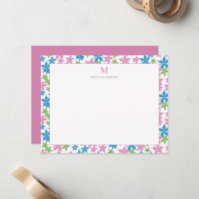 Whimsical Pink Blue Floral Border Custom Monogram Card (Front/Back In Situ)