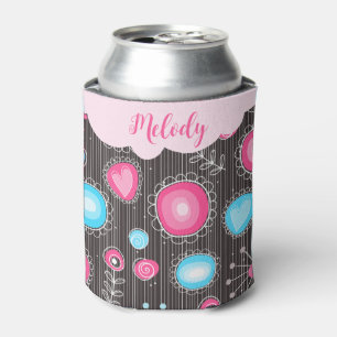 Whimsical pink blue hearts and flowers floral name can cooler