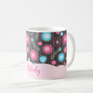 Whimsical pink blue hearts and flowers floral name coffee mug