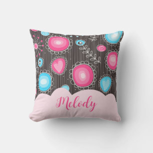Whimsical pink blue hearts and flowers floral name cushion