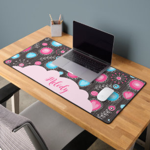 Whimsical pink blue hearts and flowers floral name desk mat