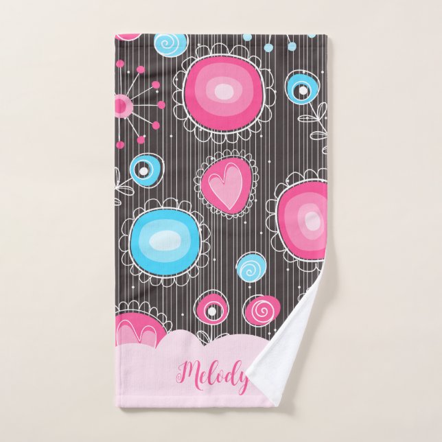 Whimsical pink blue hearts and flowers floral name hand towel (Hand Towel)