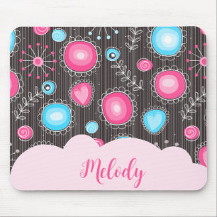 Whimsical pink blue hearts and flowers floral name mouse pad