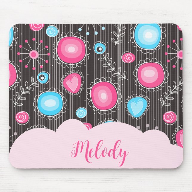 Whimsical pink blue hearts and flowers floral name mouse pad (Front)