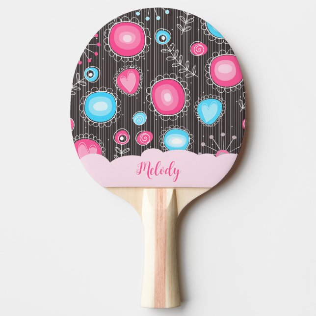 Whimsical pink blue hearts and flowers floral name ping pong paddle (Front)