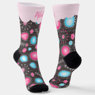 Whimsical pink blue hearts and flowers floral name socks