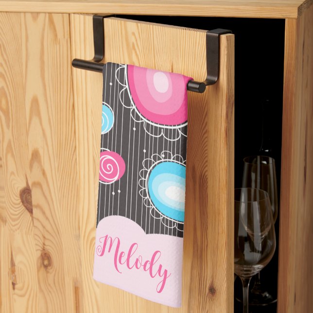 Whimsical pink blue hearts and flowers floral name tea towel (Thirds Fold)