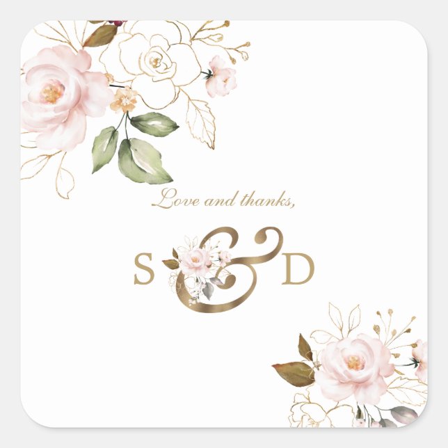 Whimsical Pink Blush Gold Flowers Monogram Wedding Square Sticker (Front)