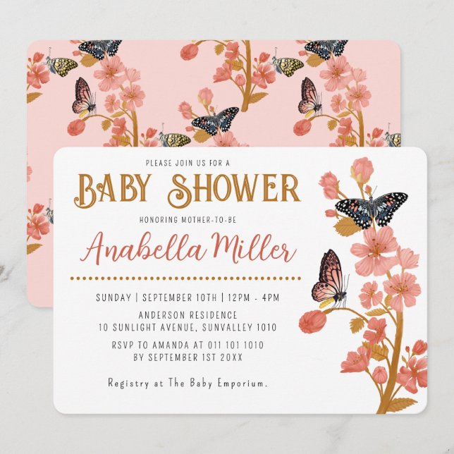 Whimsical Pink Boho Butterfly Girl Baby Shower  Invitation (Front/Back)
