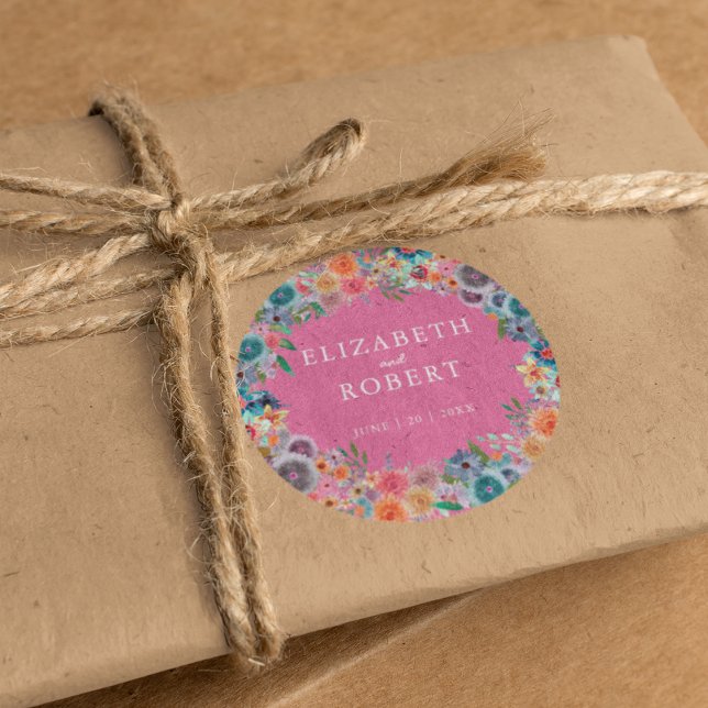 Whimsical Pink Boho Wildflowers Watercolor Wedding Classic Round Sticker (Creator Uploaded)