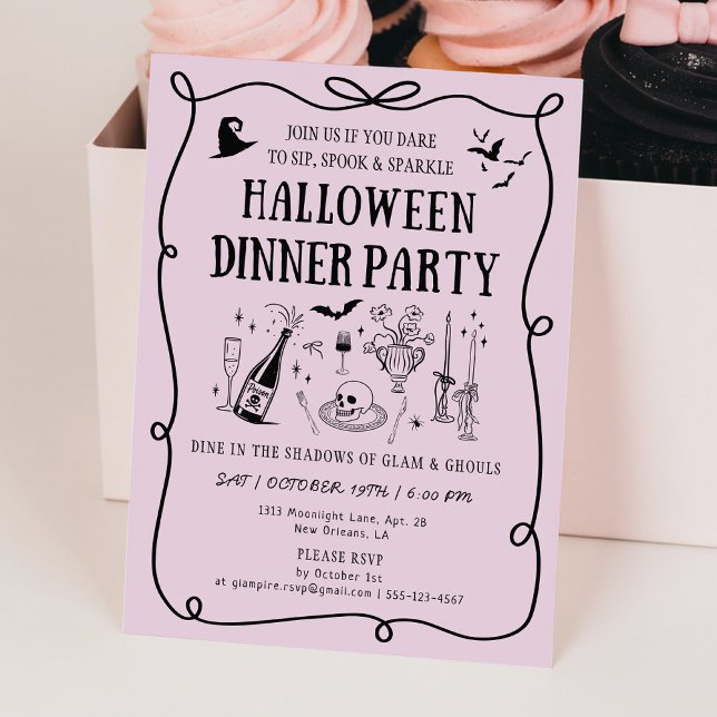 Whimsical Pink Boos & Bows Halloween Dinner Party Invitation (Creator Uploaded)