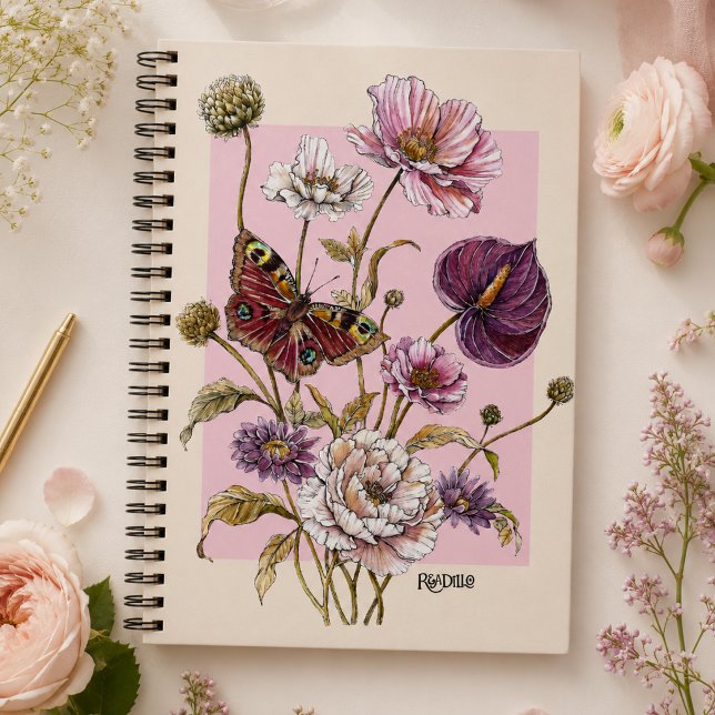 Whimsical Pink Botanical Butterfly Floral  Notebook (Creator Uploaded)