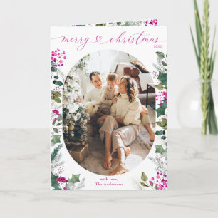 Whimsical Pink Botanicals Photo Christmas Folded Card