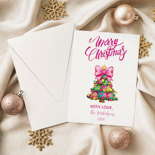 Whimsical Pink Bow Christmas Tree Holiday Card