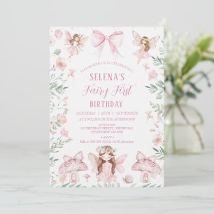 Whimsical Pink Bow Fairy First Birthday Birthday Invitation