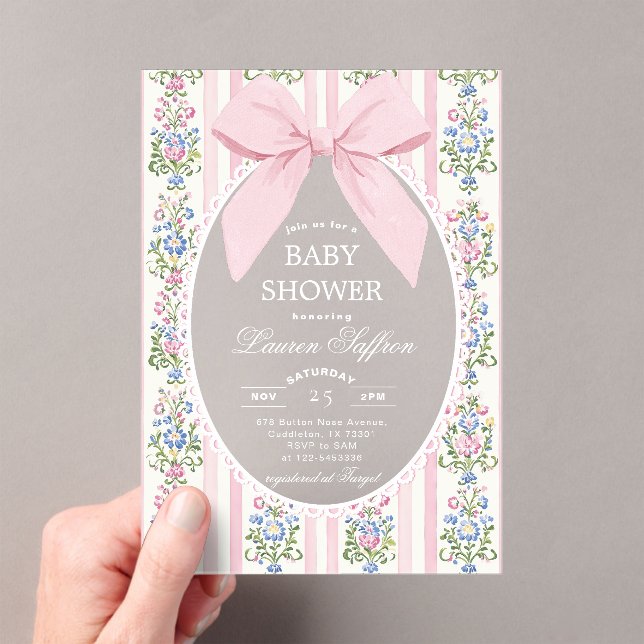 Whimsical Pink Bow Floral Baby Shower Acrylic Invitations (Insitu (Handheld))