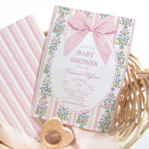 Whimsical Pink Bow Floral Baby Shower Invitation