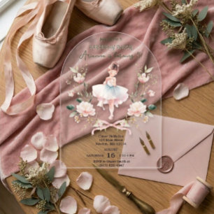 Whimsical Pink Bow & Watercolor Ballerina Birthday Acrylic Invitations
